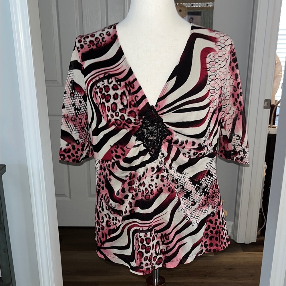 NY Collection Pink and Black Animal Print Blouse
